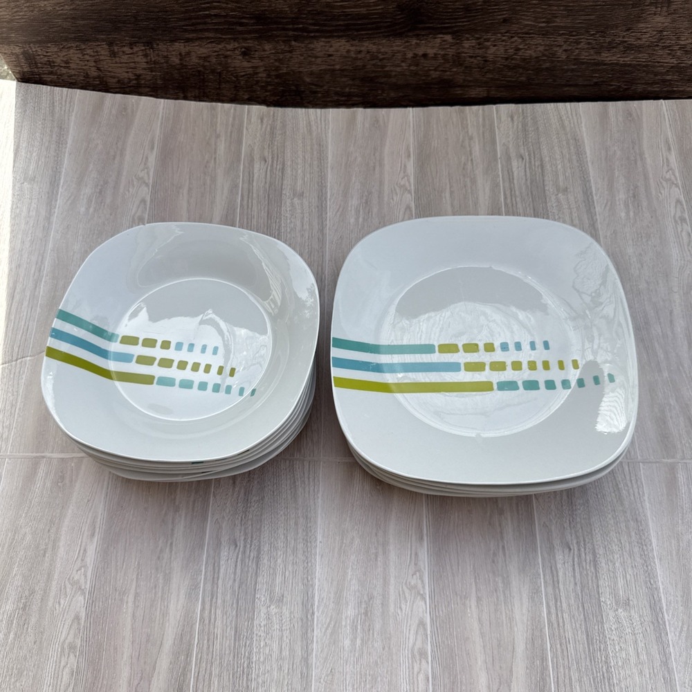 Vintage Royal Norfolk‎ Square White Blue Green Set of 6 Dinner Plates 7 Bowls